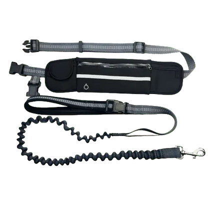 Black shock-absorbing hands-free dog leash with reflective stitching and dual padded handles