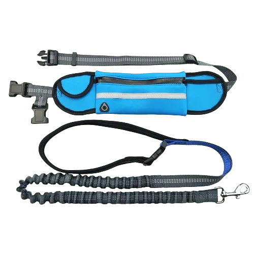 Blue dog leash hands free design with bungee for comfortable running and walking