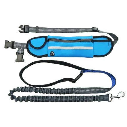 Blue dog leash hands free design with bungee for comfortable running and walking