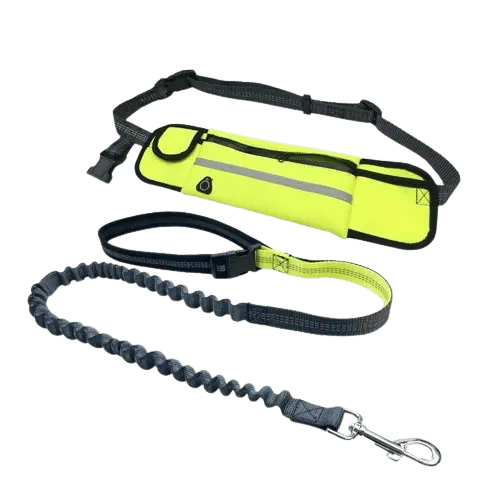 Green hands-free running dog leash with zero shock feature and safety handle for active walks
