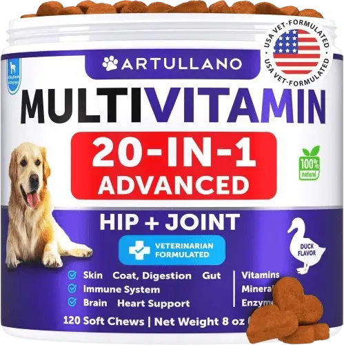 Dog multivitamin made in USA with no fillers, vet-formulated and no heat cook process.