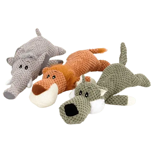 Set of 3 plush dog chew toys – lion, elephant, and wolf – for chewing and interactive play
