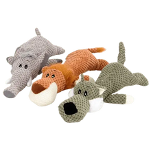 Set of 3 plush dog chew toys – lion, elephant, and wolf – for chewing and interactive play