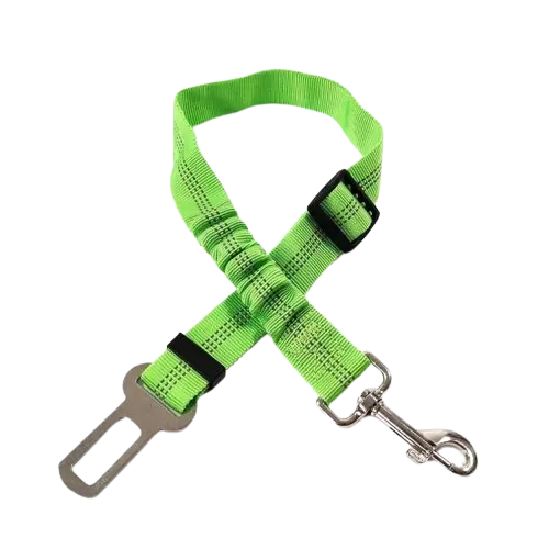 Dog securely fastened in vehicle with seat belt. Buy for Dog