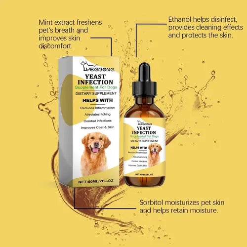 Herbal dog skin care drops highlighting mint, ethanol, and sorbitol benefits for itchy skin.