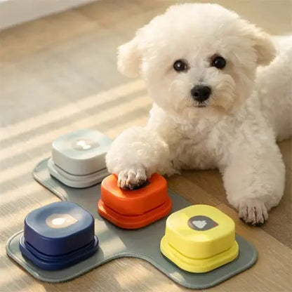 Cute dog interacting with communication buttons to talk to owner.
