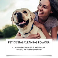 Happy dog with owner using dog tooth cleaning powder for stronger teeth, fresh breath, and better oral health.