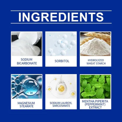 Natural ingredients of dog tooth cleaning powder including sodium bicarbonate, sorbitol, peppermint, and wheat starch.