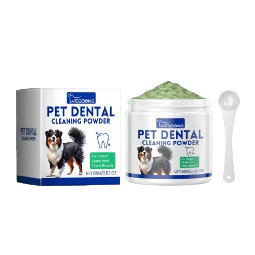 Dog tooth cleaning powder product packaging with jar, box, and measuring spoon.