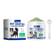 Dog tooth cleaning powder product packaging with jar, box, and measuring spoon.