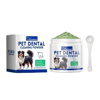 Dog tooth cleaning powder product packaging with jar, box, and measuring spoon.