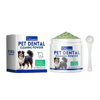 Dog tooth cleaning powder product packaging with jar, box, and measuring spoon.