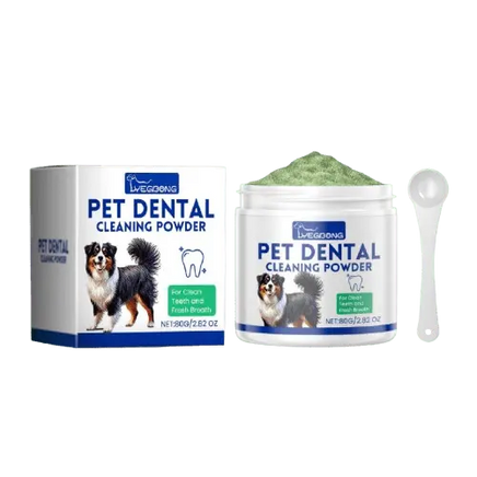 Dog tooth cleaning powder product packaging with jar, box, and measuring spoon.