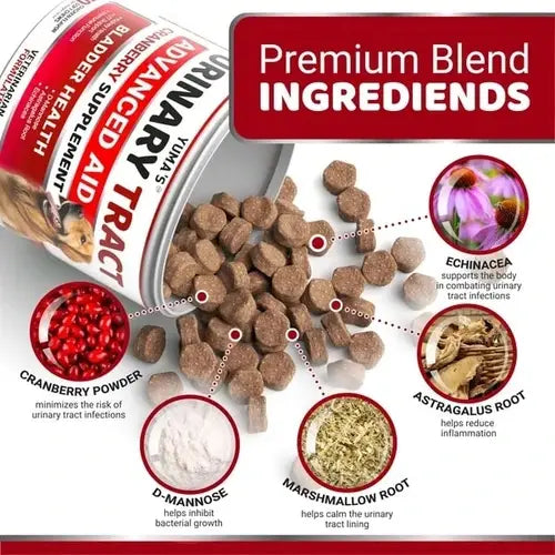 Ingredients in dog urinary health soft chews – cranberry, d-mannose, marshmallow root, echinacea, astragalus.