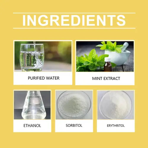 Natural ingredients for yeast relief for dogs including mint extract, sorbitol, and erythritol.