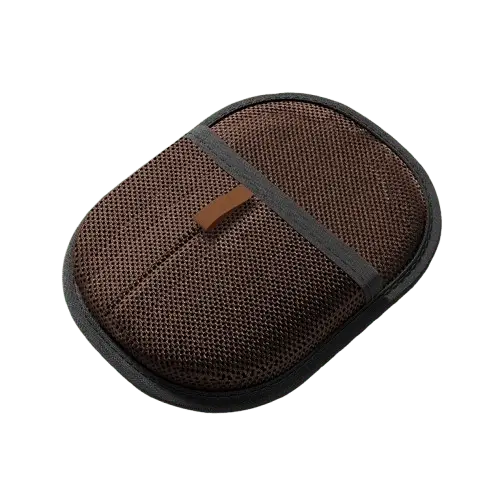 Dark brown double-sided pet hair removal glove lifting pet fur from clothes and upholstery