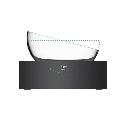 Close-up showing the 15-degree tilt of an elevated pet bowl, designed to promote comfortable and ergonomic feeding.