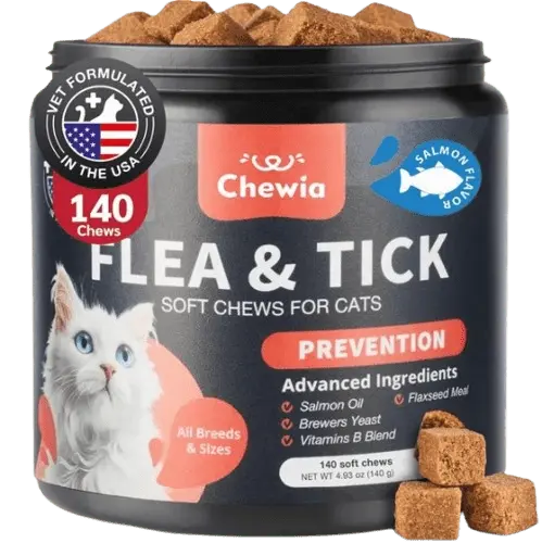 Flea and tick chews for cats with salmon flavor – 140 soft chews.