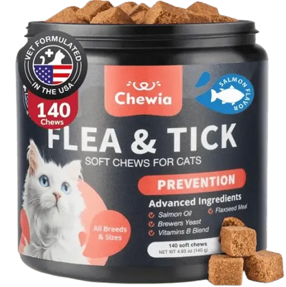 Flea and tick chews for cats with salmon flavor – 140 soft chews.