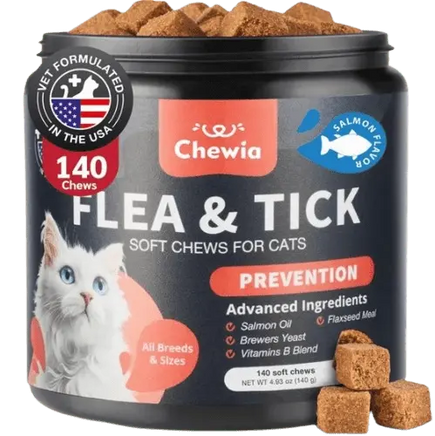 Flea and tick chews for cats with salmon flavor – 140 soft chews.