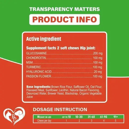 Detailed dosage and ingredients for glucosamine for dogs - chondroitin, MSM, turmeric, and passion flower.