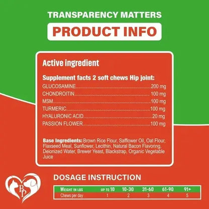 Detailed dosage and ingredients for glucosamine for dogs - chondroitin, MSM, turmeric, and passion flower.