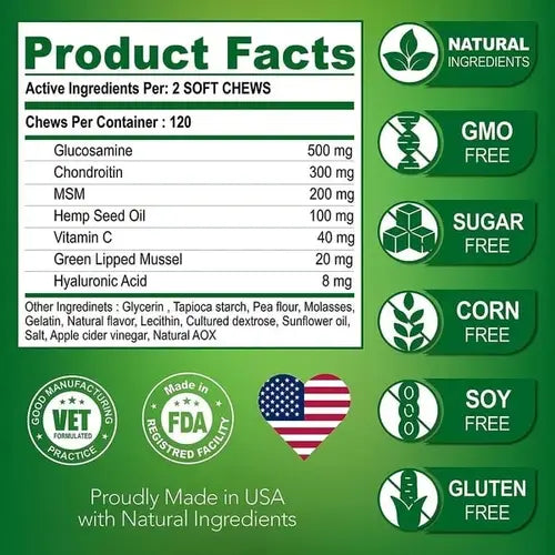 Glucosamine and chondroitin for dogs joint health - product ingredients and benefits chart