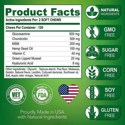 Glucosamine and chondroitin for dogs joint health - product ingredients and benefits chart