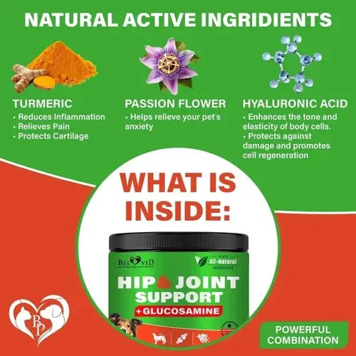 Natural ingredients in glucosamine for dogs including turmeric, passion flower, and hyaluronic acid for joint health.
