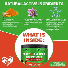 Natural ingredients in glucosamine for dogs including turmeric, passion flower, and hyaluronic acid for joint health.