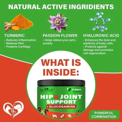 Natural ingredients in glucosamine for dogs including turmeric, passion flower, and hyaluronic acid for joint health.