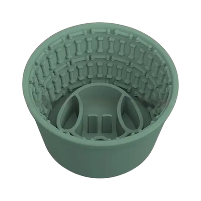 Green silicone slow feeder dog bowl for dogs. Prevents gulping and bloating, non-slip, dishwasher safe.