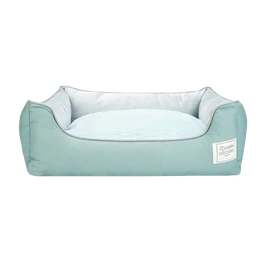 Green cotton dog bed with orthopedic support and removable cover, cozy and breathable for small and medium pets.