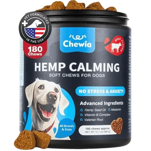 Jar of calming hemp soft chews for dogs with beef flavor – ideal for anxiety and stress relief.