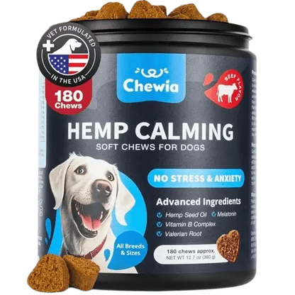 Jar of calming hemp soft chews for dogs with beef flavor – ideal for anxiety and stress relief.