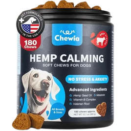 Jar of calming hemp soft chews for dogs with beef flavor – ideal for anxiety and stress relief.
