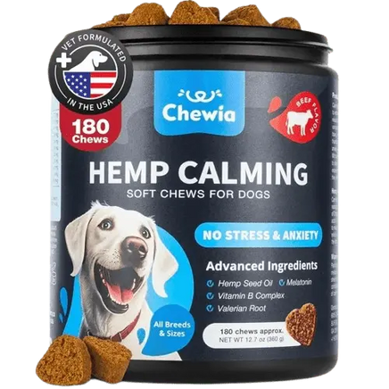 Jar of calming hemp soft chews for dogs with beef flavor – ideal for anxiety and stress relief.