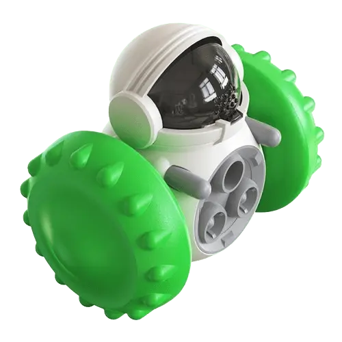 Green food-dispensing dog toy that promotes slower eating and mental stimulation