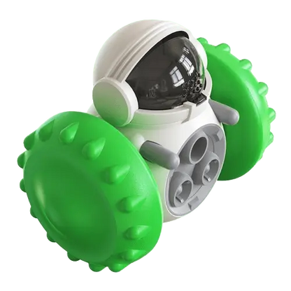 Green food-dispensing dog toy that promotes slower eating and mental stimulation