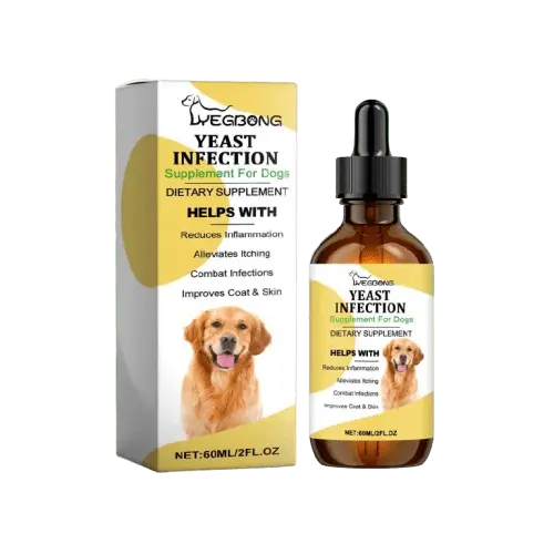Herbal yeast relief drops for dogs bottle and box packaging – front view.