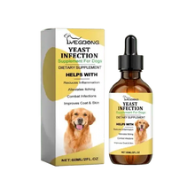 Herbal yeast relief drops for dogs bottle and box packaging – front view.