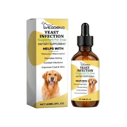Herbal yeast relief drops for dogs bottle and box packaging – front view.