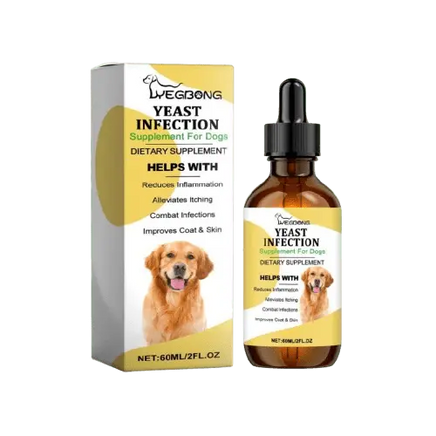 Herbal yeast relief drops for dogs bottle and box packaging – front view.