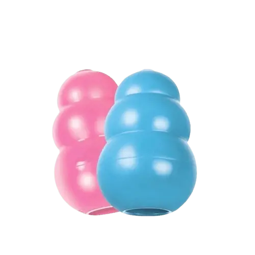 KONG dog toys in pink and blue made from durable natural rubber, ideal chew toys for dogs of all ages and breeds