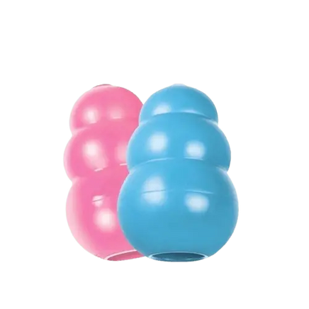 KONG dog toys in pink and blue made from durable natural rubber, ideal chew toys for dogs of all ages and breeds