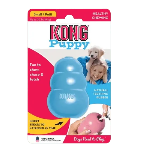 Hands filling an interactive KONG puppy chew toy made of natural rubber, ideal for teething relief, dental health, and extended play with treats