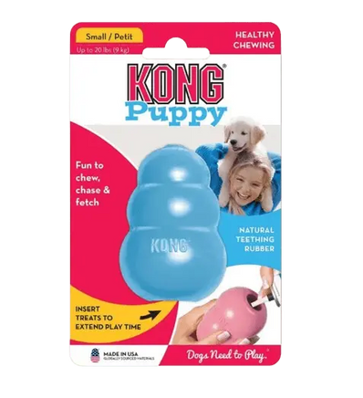 Hands filling an interactive KONG puppy chew toy made of natural rubber, ideal for teething relief, dental health, and extended play with treats