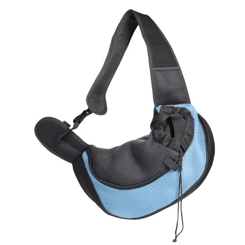 Light blue pet sling carrier with adjustable strap and secure mesh opening