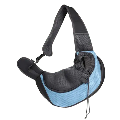 Light blue pet sling carrier with adjustable strap and secure mesh opening