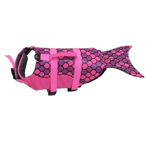 Pink mermaid life jacket for dogs with fun aquatic design